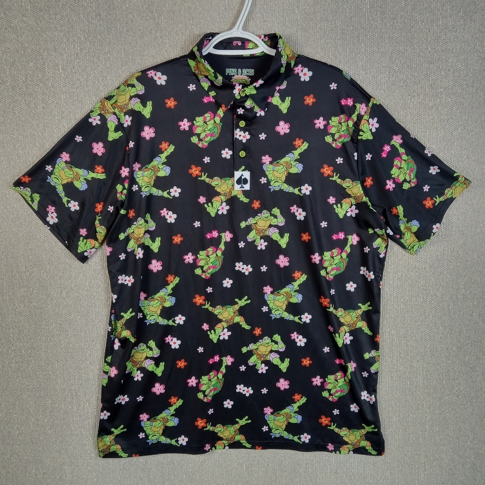 Pins & Aces Golf Polo Shirt Mens Size XL Black Graphic TMNT Turtle Flower Power